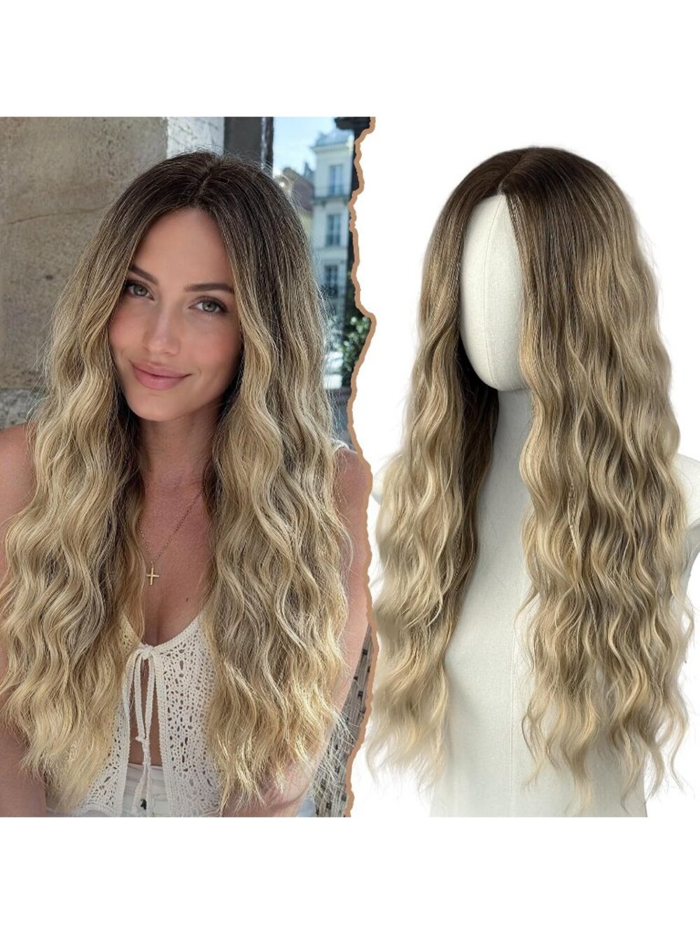 Women's Omber Blonde 26 Inch Long Synthetic Middle Part Lace Front Wavy Wig